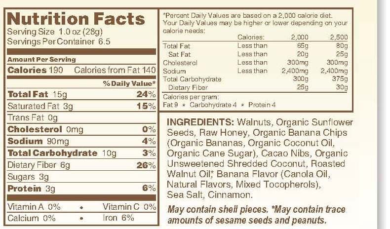 nutrition label for veronica's health crunch banana chocolate walnut flavor