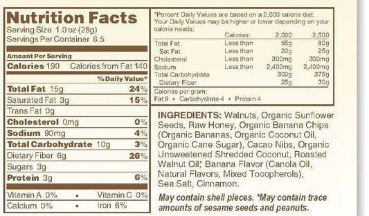 nutrition label for veronica's health crunch banana chocolate walnut flavor