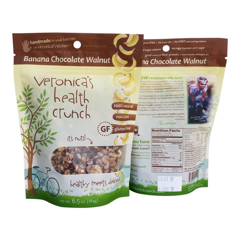 veronica's health crunch banana chocolate walnut flavor in 6.5 oz bag